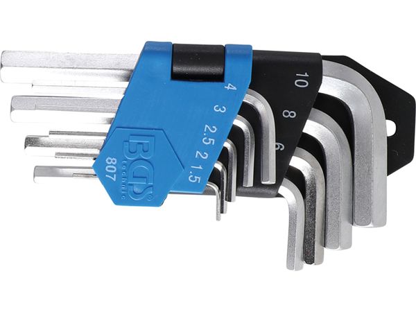 Zástrčné klíče inbus 1,5 ÷ 10 mm BGS100807, krátké provedení. Sada 9 dílů v pořadači
